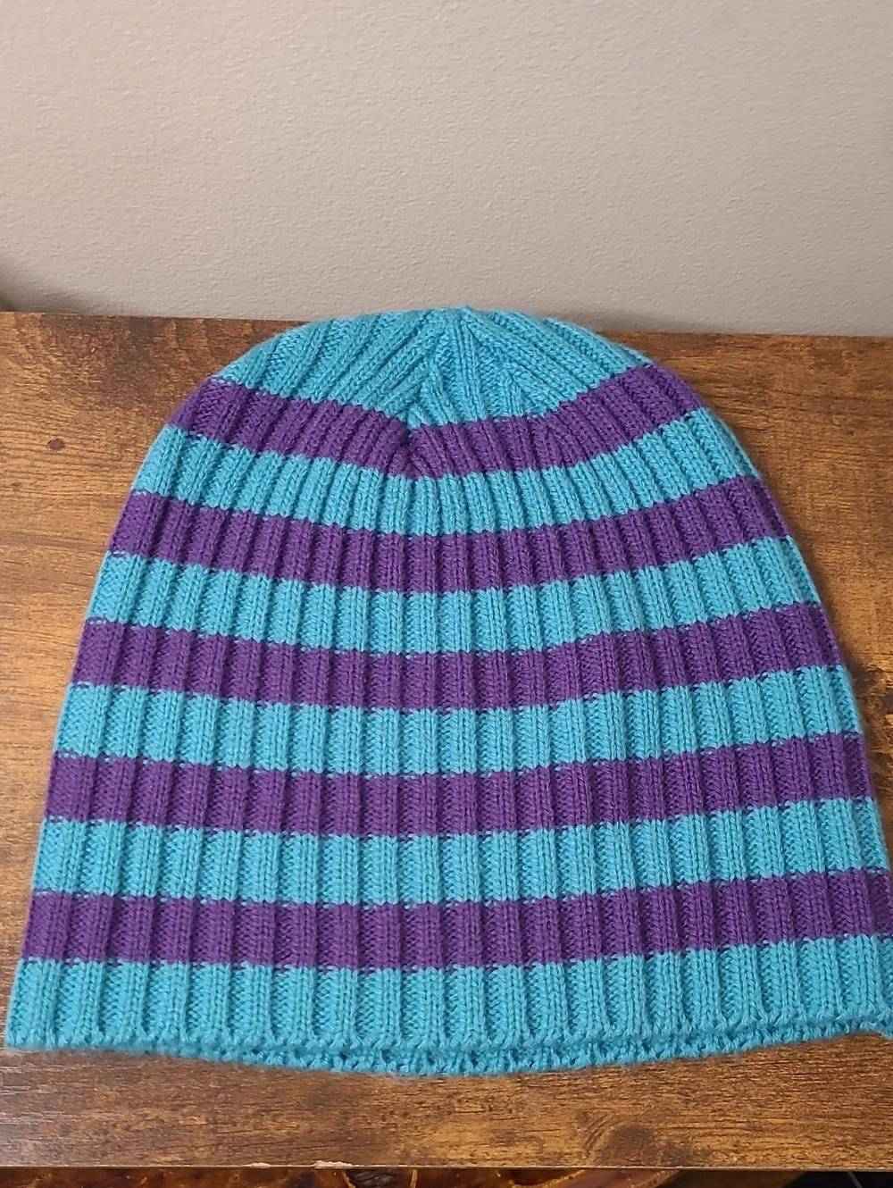 Teal & Purple Striped Knit Beanie Hat with Matching Mittens